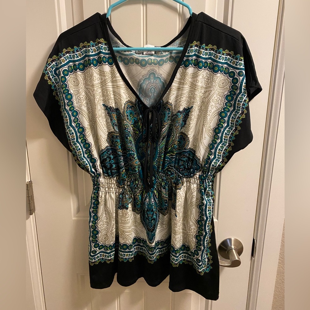 Claudia Richard L Top Stretch Large Blouse Lg Shirt Turquoise Black White